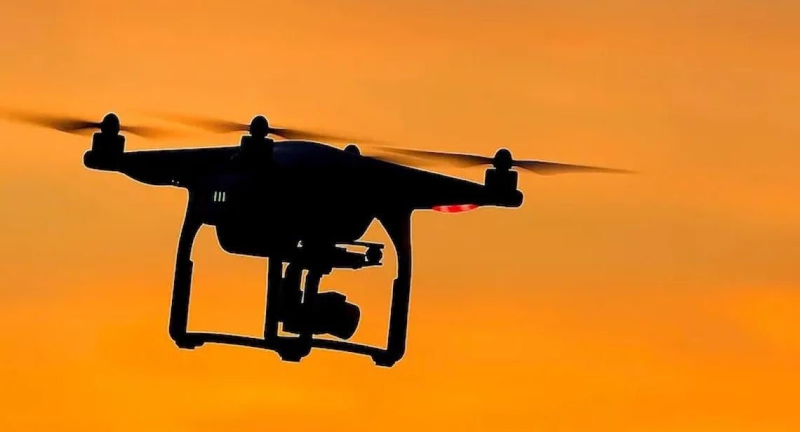 Drone image illustrating Lucy Suchman's lecture on AI battlefield targeting