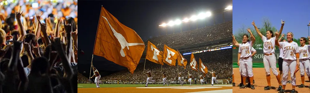 People cheering in the first picture, followed by a display of running with the UT flag in the stadium, and finally the women's team