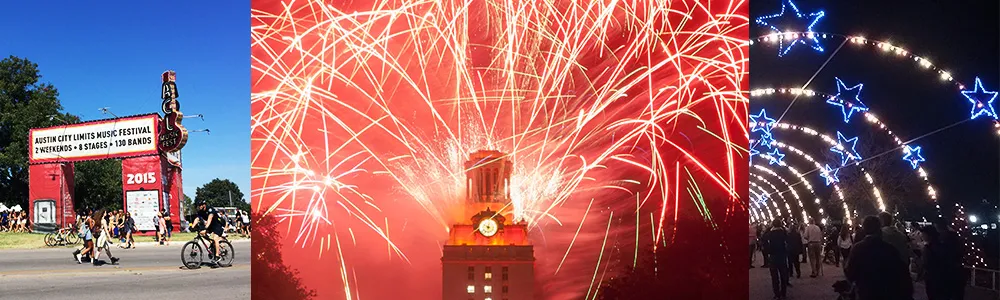 A picture of Austin City Limits Music Festival Entrance first, then a picture of fireworks above the UT tower, and finally a picture of lights decorating the walkway