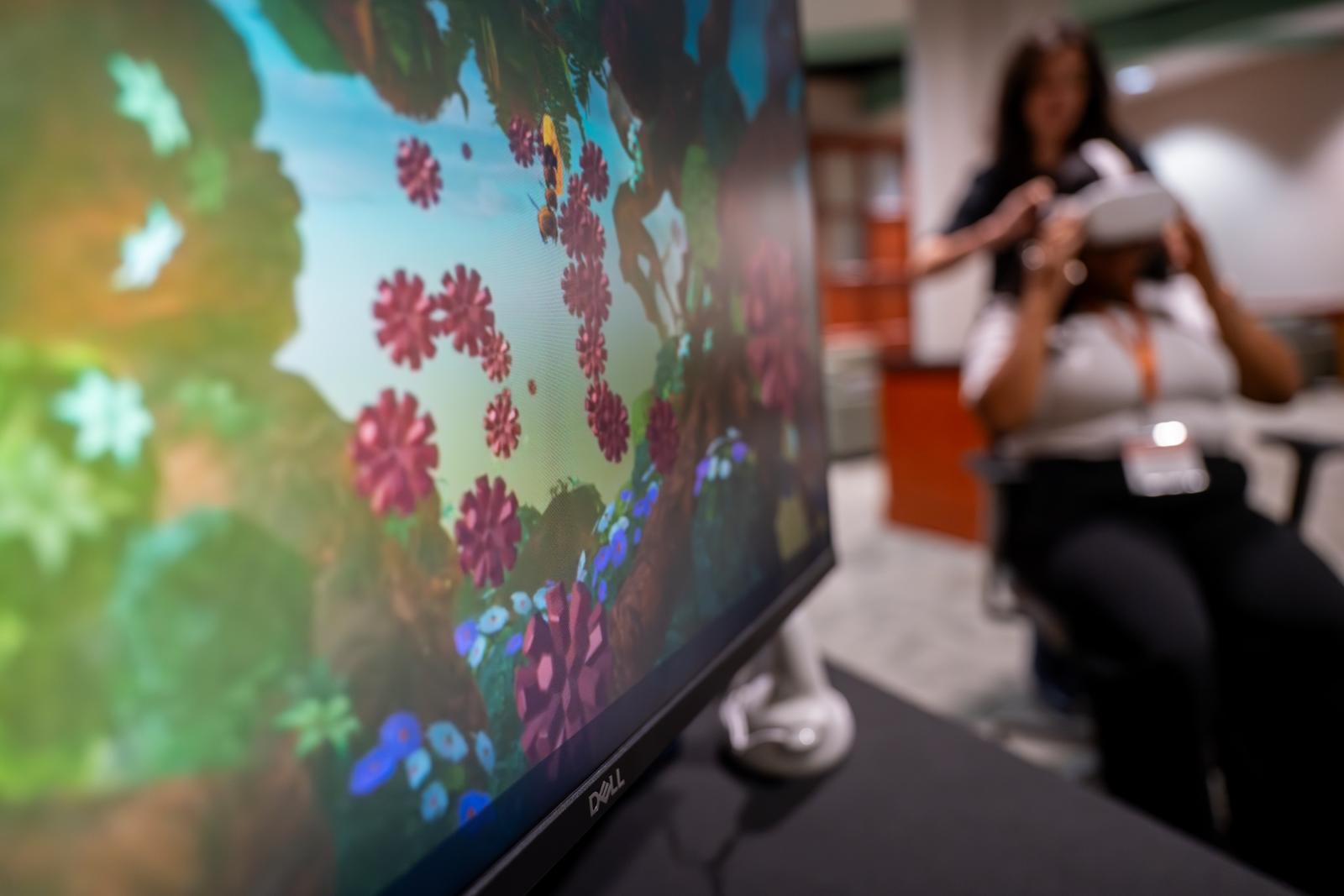 Close-up of virtual reality screen and participant