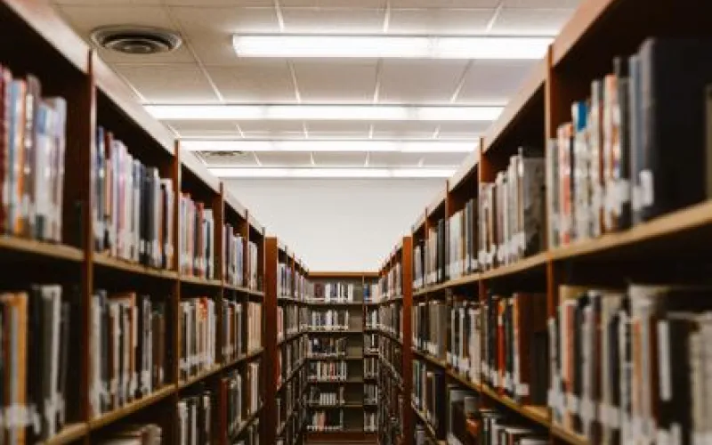 A view from between two aisles of books, and another book shelf at the very end of both aisles